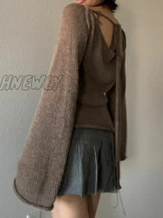 Hnewly Womens Y2K Vintage Retro Tie Back Sweaters Flare Long Sleeve Boat Neck Solid Color Knit