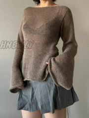 Hnewly Womens Y2K Vintage Retro Tie Back Sweaters Flare Long Sleeve Boat Neck Solid Color Knit