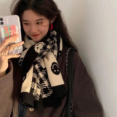 Hnewly Wool Knitted Scarf Double-Sided Smiley Face Women’s Winter White And Black Foulard Shawl