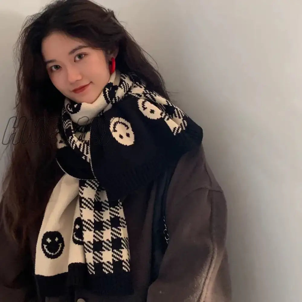 Hnewly Wool Knitted Scarf Double-Sided Smiley Face Women’s Winter White And Black Foulard Shawl