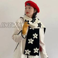 Hnewly Wool Knitted Winter Scarf Double-Sided Floral Scarves For Women Warm Foulard Shawl Female