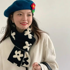 Hnewly Wool Knitted Winter Scarf Double-Sided Floral Scarves For Women Warm Foulard Shawl Female