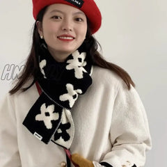 Hnewly Wool Knitted Winter Scarf Double-Sided Floral Scarves For Women Warm Foulard Shawl Female