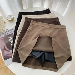 Hnewly Woolen Mini Skirt Autumn Winter Women Korean Style High Waist Solid Slim Basic A-Line Short