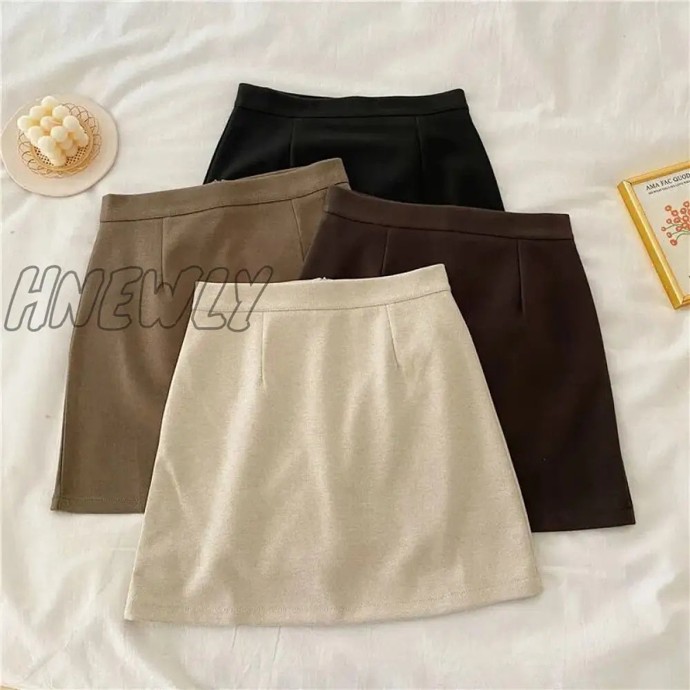 Hnewly Woolen Mini Skirt Autumn Winter Women Korean Style High Waist Solid Slim Basic A-Line Short