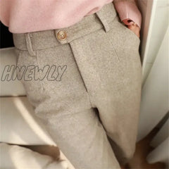 Hnewly Woolen Pants Women’s Harem Pencil Autumn Winter High Waisted Casual Suit Office Lady Women