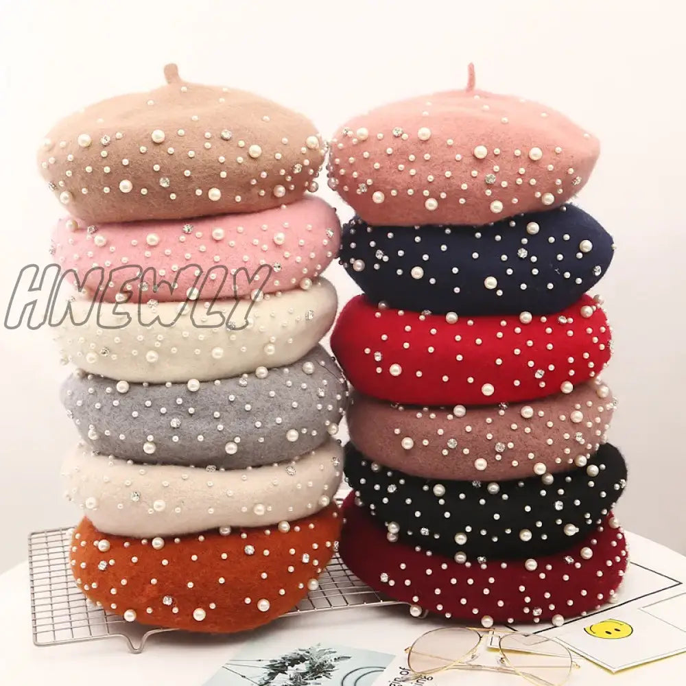 Hnewly Woolen Pearl Beret Woman Autumn-Winter Korean All-Matching Japanese Painter Hat British