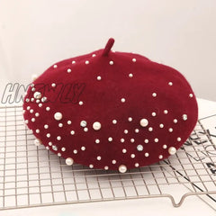 Hnewly Woolen Pearl Beret Woman Autumn-Winter Korean All-Matching Japanese Painter Hat British