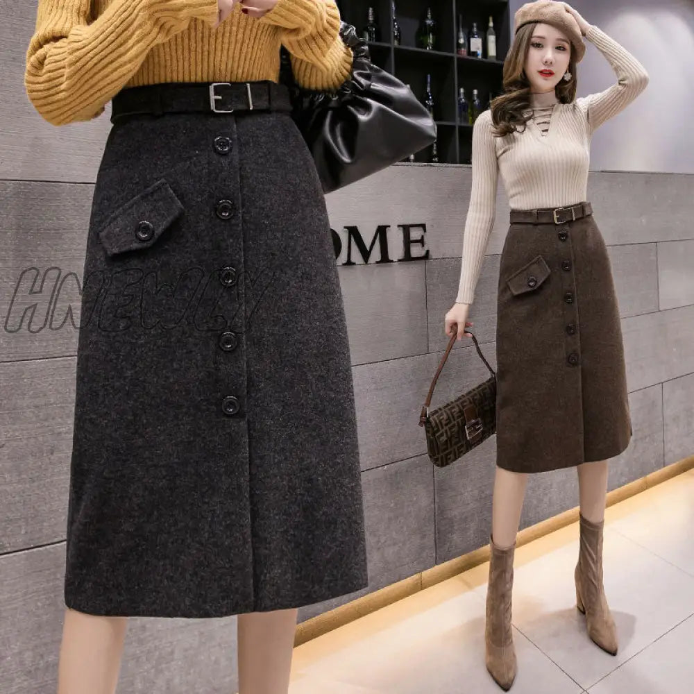 Hnewly Woolen Skirt Women’s Autumn And Winter Single Belt Long Slit A- Line Woman Skirts Mujer