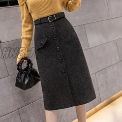 Hnewly Woolen Skirt Women’s Autumn And Winter Single Belt Long Slit A- Line Woman Skirts Mujer