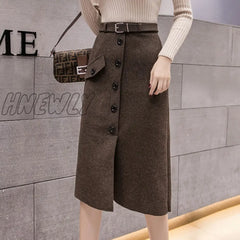 Hnewly Woolen Skirt Women’s Autumn And Winter Single Belt Long Slit A- Line Woman Skirts Mujer