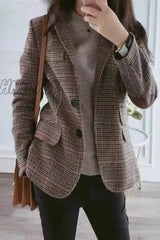 Hnewly - Work Plaid Patchwork Turn-Back Collar Outerwear Brown / S Outerwear/Suit Jacket
