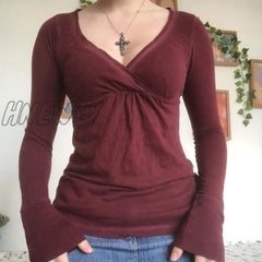 Hnewly Y2K 2000S Fairycore T Shirt Grunge Aesthetic Women Button Long Sleeve Tops Autumn Ribbed