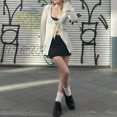 Hnewly Y2K 2000S Fairycore T Shirt Women Solid Color Flared Long Sleeve Tops White Lace Up Bandage