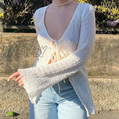 Hnewly Y2K 2000S Fairycore T Shirt Women Solid Color Flared Long Sleeve Tops White Lace Up Bandage