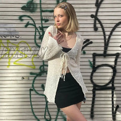 Hnewly Y2K 2000S Fairycore T Shirt Women Solid Color Flared Long Sleeve Tops White Lace Up Bandage