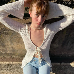 Hnewly Y2K 2000S Fairycore T Shirt Women Solid Color Flared Long Sleeve Tops White Lace Up Bandage