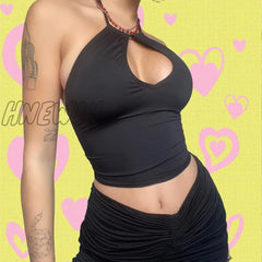 Hnewly Y2K Aesthetic Cami Summer Women Hollow Out Halter Crop Tops Harajuku Sleeveless Backless
