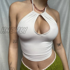 Hnewly Y2K Aesthetic Cami Summer Women Hollow Out Halter Crop Tops Harajuku Sleeveless Backless