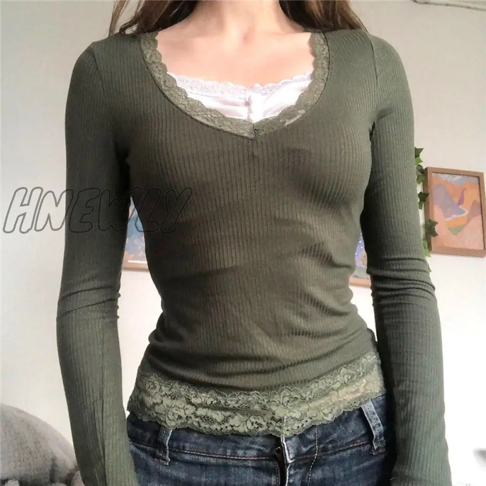 Hnewly Y2K Aesthetic Lace Tops Fairy Grunge Square Collar Long Sleeve T Shirt 2000S Clothes Women