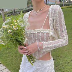 Hnewly Y2K Aesthetics Cute Ruffles Trim Bandage Lace 2 Piece T-Shirts 2000S Fashion Long Sleeve