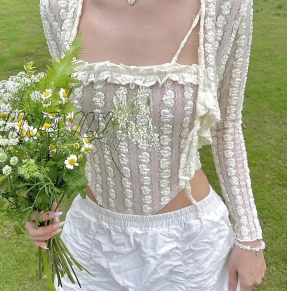 Hnewly Y2K Aesthetics Cute Ruffles Trim Bandage Lace 2 Piece T-Shirts 2000S Fashion Long Sleeve