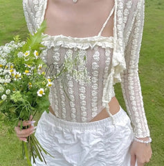 Hnewly Y2K Aesthetics Cute Ruffles Trim Bandage Lace 2 Piece T-Shirts 2000S Fashion Long Sleeve