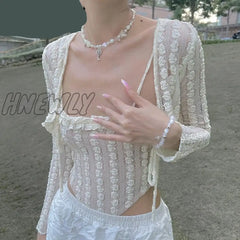 Hnewly Y2K Aesthetics Cute Ruffles Trim Bandage Lace 2 Piece T-Shirts 2000S Fashion Long Sleeve