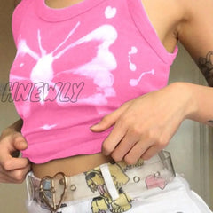 Hnewly Y2K Aesthetics Kawaii Butterfly Print Brown Crop Tops Indie Streetwear O - Neck Sleeveless
