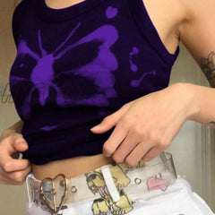 Hnewly Y2K Aesthetics Kawaii Butterfly Print Brown Crop Tops Indie Streetwear O - Neck Sleeveless