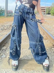 Hnewly Y2K Bandage Cargo Jeans Punk Metal Blue Baggy Streetwear Pants Women Korean Grunge Aesthetic