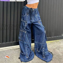 Hnewly Y2K Bandage Cargo Jeans Punk Metal Blue Baggy Streetwear Pants Women Korean Grunge Aesthetic