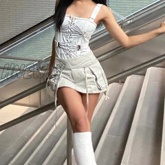 Hnewly Y2K Bandage Cargo Skirts Pockets Cute Summer Harajuku Streetwear Fashion Clothes Women Retro