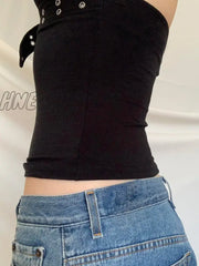 Hnewly Y2K Bandage Crop Top Black Backless Halter Lace Up Cute Party Beach Summer Sweats Women