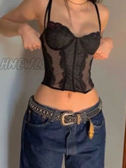 Hnewly Y2K Black Lace Corset Top Patchwork Backless Pin Up Mini Vest Women See Through Party Night