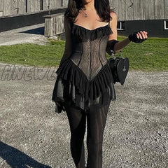 Hnewly Y2K Black Mesh Ruffles Sundress Sexy See Through Mini Dress Women Backless Vintage Punk