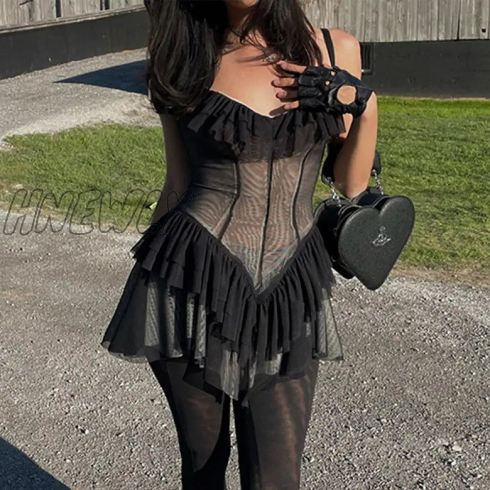 Hnewly Y2K Black Mesh Ruffles Sundress Sexy See Through Mini Dress Women Backless Vintage Punk