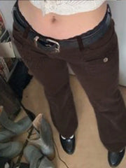 Hnewly Y2K Brown Flare Jeans Solid Pockets Kawaii Trousers Low Waisted Aesthetic Grunge Fairycore
