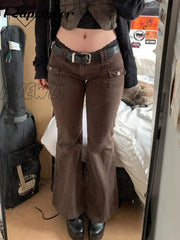 Hnewly Y2K Brown Flare Jeans Solid Pockets Kawaii Trousers Low Waisted Aesthetic Grunge Fairycore