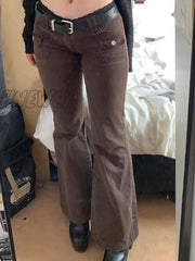 Hnewly Y2K Brown Flare Jeans Solid Pockets Kawaii Trousers Low Waisted Aesthetic Grunge Fairycore