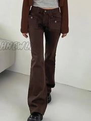 Hnewly Y2K Brown Flare Jeans Solid Pockets Kawaii Trousers Low Waisted Aesthetic Grunge Fairycore