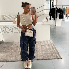 Hnewly Y2K Cargo Baggy Pants Women Low Waist Sweatpant Trousers Vintage Summer Street Pocket Wide