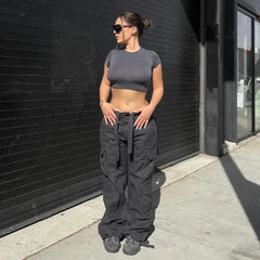 Hnewly Y2K Cargo Baggy Pants Women Low Waist Sweatpant Trousers Vintage Summer Street Pocket Wide