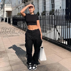 Hnewly Y2K Cargo Baggy Pants Women Low Waist Sweatpant Trousers Vintage Summer Street Pocket Wide