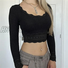 Hnewly Y2K Clothing Lace Trim Crop Top Aesthetic Clothes Women Long Sleeve Ribbed Tee 2000S Fairy