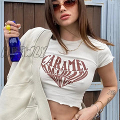 Hnewly Y2K Crop Top Summer Heart Letter Print T Shirt Basic Harajuku Streetwear Women Slim Cropped