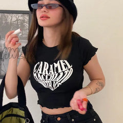 Hnewly Y2K Crop Top Summer Heart Letter Print T Shirt Basic Harajuku Streetwear Women Slim Cropped