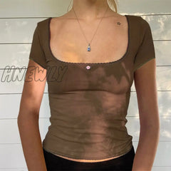 Hnewly Y2K Crop Tops 2000S Aesthetic Women Lace Trim Short Sleeve T Shirt With Little Flower Kawaii