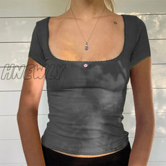 Hnewly Y2K Crop Tops 2000S Aesthetic Women Lace Trim Short Sleeve T Shirt With Little Flower Kawaii