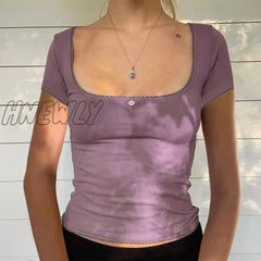 Hnewly Y2K Crop Tops 2000S Aesthetic Women Lace Trim Short Sleeve T Shirt With Little Flower Kawaii